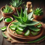 The aloe vera plant is green and has thick, fleshy leaves. Some leaves are upright while others are laying flat on the board. A brown glass bottle filled with a light yellow liquid sits next to the aloe vera plant. The label on the bottle is not visible in the image.