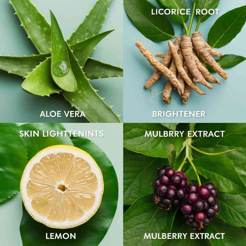 A series of images featuring various plant-based ingredients known for their skin lightening properties. The first image showcases aloe vera, with its soothing green leaves and gel-like substance. The second image features licorice root, a potent natural skin brightener with a rich, earthy color. The third image highlights the power of lemon, a citrus fruit known for its natural acidity and brightening potential. The final image focuses on mulberry extract, a gentle yet effective skin lightening ingredient with a deep purple hue. The overall presentation is clean, informative, and visually appealing.