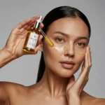 A stunning 8K high-resolution image of a woman with glowing skin, applying a precious golden liquid from a bottle labeled "Argan Oil"onto her face.