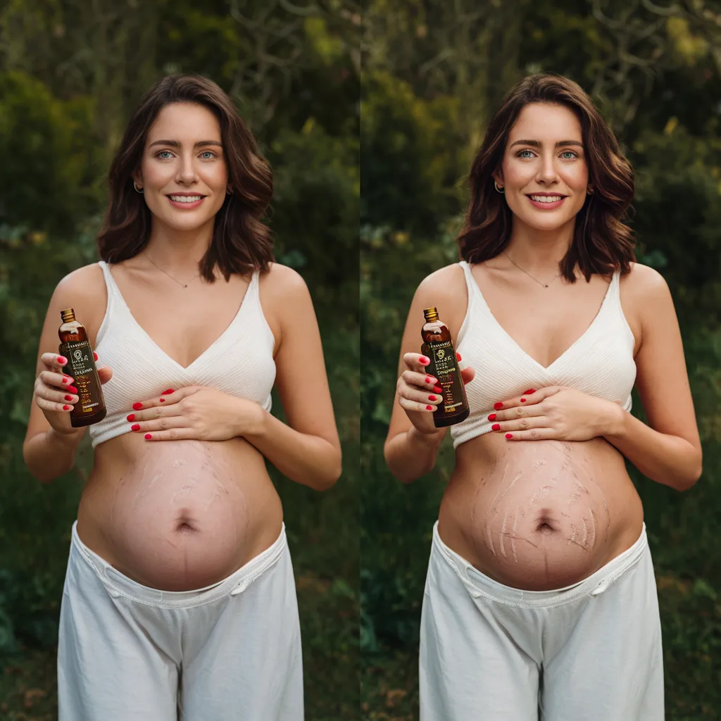 a woman before and after results of using argan oil for stretch marks on her belly after pregnancy. There are two images; before and after results and the woman holds a bottle of pure golden argan oil