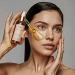 A stunning 8K high-resolution image of a woman with glowing skin, applying a precious golden liquid from a bottle labeled "Argan Oil"onto her face.