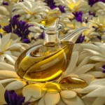 8k image that showcases the luxurious texture of argan oil. The oil is depicted in a sleek glass bottle, with droplets glistening like diamonds, capturing the light and casting a golden hue. The bottle is surrounded by a bed of white and purple flowers, with a few droplets of oil spilled on the velvety petals. The overall ambiance of the image is opulent and calming, evoking a sense of luxury and tranquility.