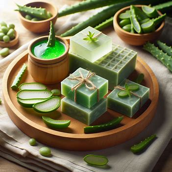 a wooden tray filled with soap and aloe vera gel. The soap is green and has a smooth texture. The aloe vera gel is green and has a smooth texture. The soap is stacked on top of each other on the tray.