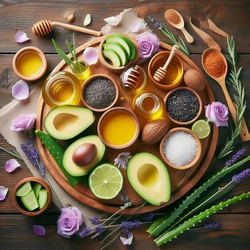 a round wooden tray with various natural ingredients on it that could be used for skin care. In the center of the tray is a white bowl filled with brown oats. Around the bowl are various fruits and vegetables including whole lemons, cucumbers, and strawberries. There are also green leafy greens, possibly kale or spinach. Clockwise from the bowl there is also a small jar filled with a clear liquid, possibly olive oil, and a small container with a beige colored substance, possibly honey.