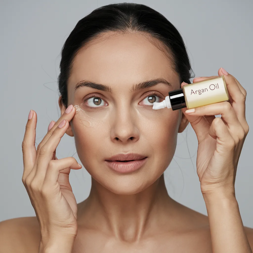 a woman applying some liquid from a bottle around her eyes . the bottle, which looks like a serum bottle is written 'argan oil'