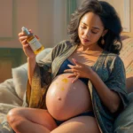 A beautifully composed image of a pregnant woman applying argan oil to her baby bump. She holds a clear bottle labeled "Argan Oil" in her hand, and a few droplets of the golden liquid are visible on her skin, glistening as they catch the light. The woman has a serene expression and her flowing, patterned dress complements her natural beauty. The background shows a warm, sunlit room with a soft color palette of earthy tones and hints of greens.