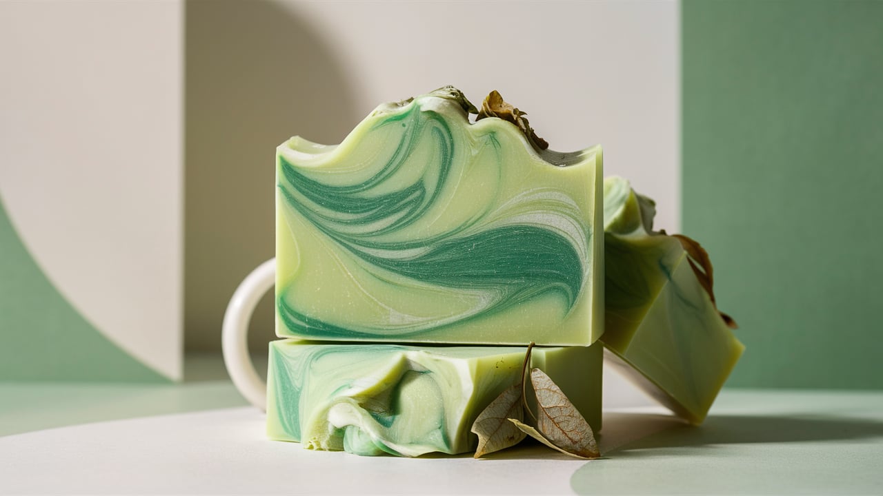 A beautifully crafted bar of green tea soap, with delicate swirls of green and white. The soap is adorned with small, natural leaves and has a subtle, refreshing fragrance. The background features a simple, minimalist design with a soft color palette, highlighting the intricate details of the soap. The overall ambiance of the image is calm and serene, evoking feelings of relaxation and tranquility.