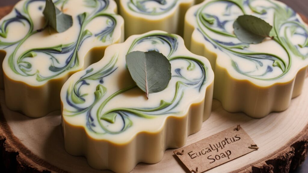 A beautifully crafted eucalyptus-scented soap, adorned with intricate swirls and patterns. The soap has a creamy, off-white color with green and blue veins reminiscent of eucalyptus leaves. At the center, there's a small eucalyptus leaf encased in the soap. The soap sits on a wooden base with a small, rustic label that states "Eucalyptus Soap." The overall atmosphere of the image exudes a sense of tranquility and relaxation.