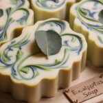 A beautifully crafted eucalyptus-scented soap, adorned with intricate swirls and patterns. The soap has a creamy, off-white color with green and blue veins reminiscent of eucalyptus leaves. At the center, there's a small eucalyptus leaf encased in the soap. The soap sits on a wooden base with a small, rustic label that states "Eucalyptus Soap." The overall atmosphere of the image exudes a sense of tranquility and relaxation.