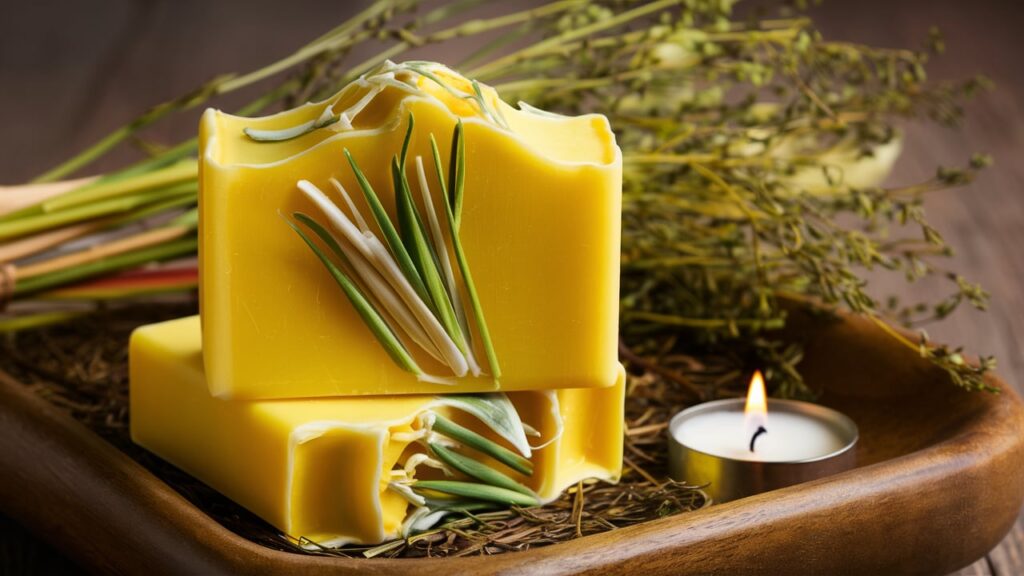 A beautifully crafted lemongrass soap, featuring a vibrant yellow hue and an intricate design of lemongrass leaves on the surface. The soap has a fresh, citrusy aroma that invigorates the senses. It sits atop a rustic wooden tray, surrounded by a bouquet of dried herbs and a small, flickering candle, creating a serene and tranquil atmosphere.