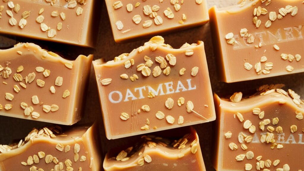 A beautifully crafted oatmeal soap, featuring a rich, creamy texture and a warm, inviting color. The soap is adorned with real oatmeal flakes, giving it a rustic and natural appearance. The scent of this luxurious soap is reminiscent of a cozy, country kitchen, with a delicate balance of earthy and sweet aromas. Perfect for a relaxing and rejuvenating bath experience.