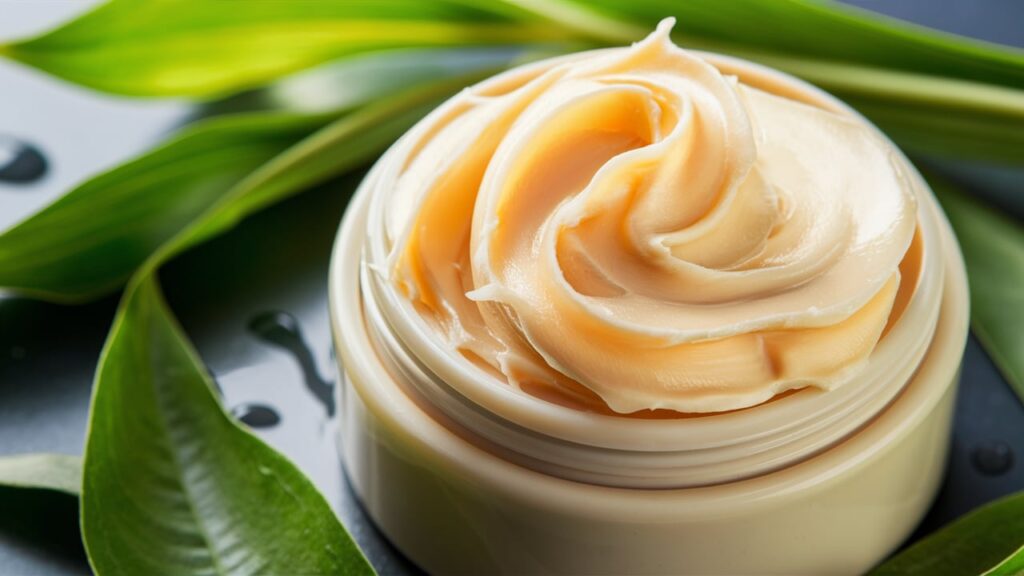 A close-up image of a rich, creamy shea butter, ready to be applied to the skin. The shea butter is a beautiful shade of ivory, with a slightly golden hue. It is displayed in a simple, elegant container, surrounded by fresh, green leaves and a few drops of water, highlighting its pure and natural origins. The overall atmosphere of the image is calming and rejuvenating.