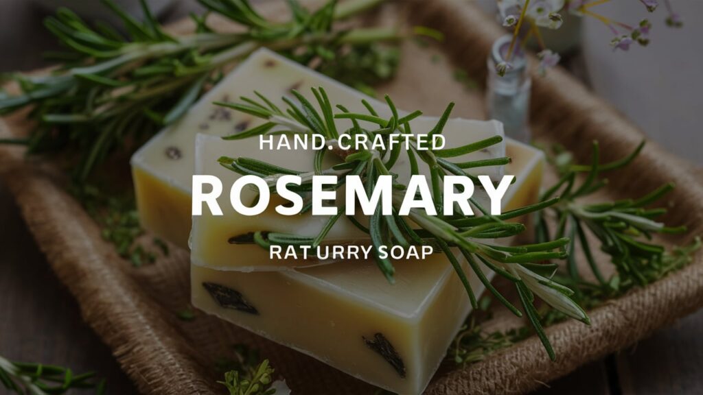 A close-up photograph of a hand-crafted rosemary soap, with the soothing fragrance of fresh herbs wafting in the air. The soap has a natural, earthy color with small pieces of rosemary leaves embedded in it. The background is a rustic, wooden tray adorned with herbs and a small, delicate flower vase. The overall atmosphere of the scene is calming and inviting, perfect for a relaxing bath.