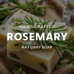 A close-up photograph of a hand-crafted rosemary soap, with the soothing fragrance of fresh herbs wafting in the air. The soap has a natural, earthy color with small pieces of rosemary leaves embedded in it. The background is a rustic, wooden tray adorned with herbs and a small, delicate flower vase. The overall atmosphere of the scene is calming and inviting, perfect for a relaxing bath.