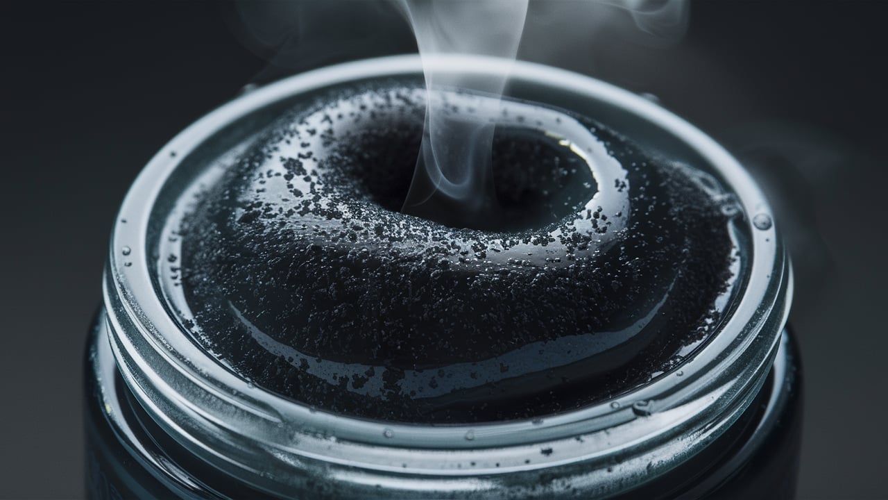 A close-up still of a skincare product, showcasing activated charcoal in the form of tiny, black specks suspended in a clear, gel-like substance. The charcoal particles seem to be evenly distributed, offering a calming and detoxifying effect to the skin. A gentle steam is rising from the product, evoking a sense of relaxation and rejuvenation.