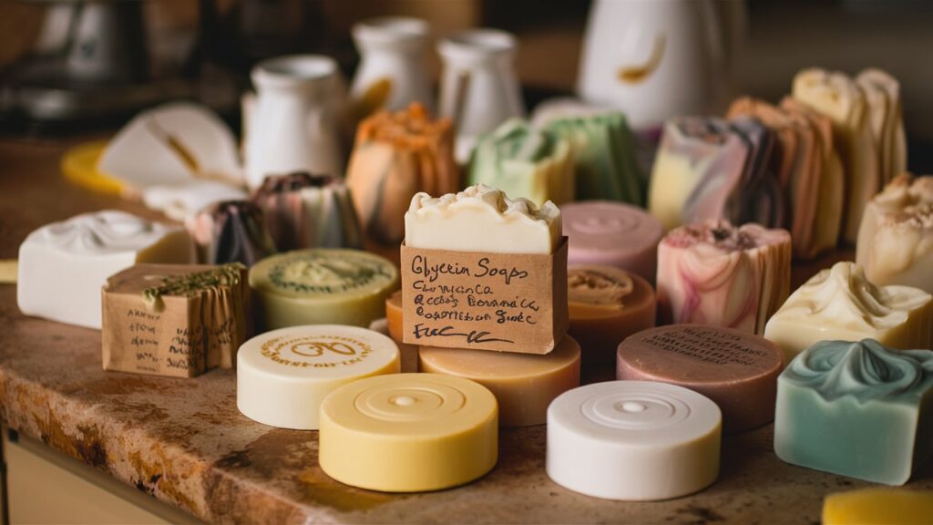 A cozy and rustic kitchen countertop, with a variety of handcrafted glycerine soaps arranged in a pleasing manner. The soaps come in an array of natural, earthy colors and feature intricate swirls and patterns. There's a handwritten label on each soap, with the ingredients listed, such as essential oils and herbs. The overall atmosphere of the image exudes warmth, creativity, and a connection to nature.home made glycerine soap