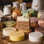 A cozy and rustic kitchen countertop, with a variety of handcrafted glycerine soaps arranged in a pleasing manner. The soaps come in an array of natural, earthy colors and feature intricate swirls and patterns. There's a handwritten label on each soap, with the ingredients listed, such as essential oils and herbs. The overall atmosphere of the image exudes warmth, creativity, and a connection to nature.home made glycerine soap