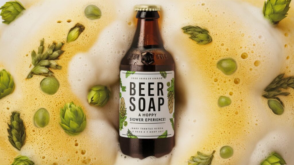 A creative and quirky image of a bottle of beer transformed into a luxurious soap. The soap has a frothy, bubbly texture and is adorned with hops and barley, retaining the essence of the original beer. The label on the soap reads 'Beer Soap: A Hoppy Shower Experience!', adding a playful and humorous touch to the design. The overall ambiance is inviting and refreshing, with a touch of craft beer culture.