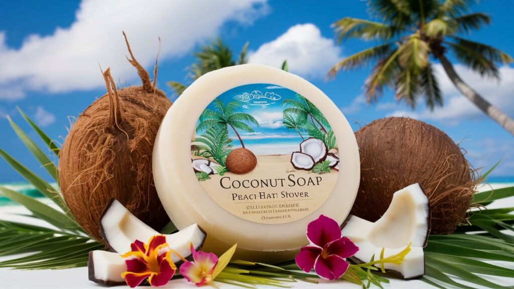 A delightful image of a coconut-scented soap, surrounded by fresh coconut shells and frangrant tropical flowers. The soap has a light, creamy color and is adorned with a beach scene design. In the background, there's a blue sky with fluffy white clouds and palm trees swaying gently in the breeze. The overall feel of the image is warm, inviting, and reminiscent of a sunny beach getaway.