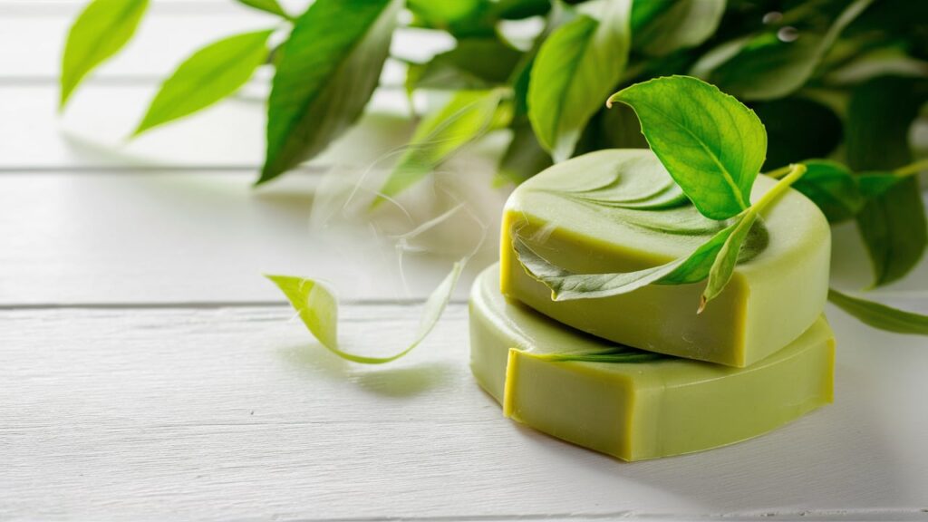 A serene and calming image of a handcrafted green tea soap, with the soap's scent subtly wafting from it. The soap has a beautiful, natural shade of green, adorned with delicate swirls that resemble the leaves of the tea plant. The background is a clean, white surface that highlights the soap's vibrant color and intricate design. The overall ambiance of the photo is peaceful and refreshing, invoking a sense of tranquility and relaxation.