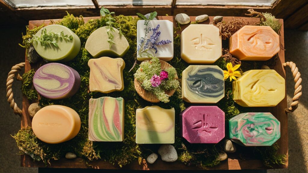 A visually appealing display of a variety of organic skincare soaps. Each soap is uniquely crafted, with varying shapes, colors, and textures. Some are adorned with fresh herbs and flowers, while others have a swirling pattern of natural colors. The overall presentation is rustic and earthy, with the soaps arranged on a wooden tray surrounded by moss and small stones. Sunlight filters through the window, casting a warm glow on the scene.