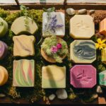 A visually appealing display of a variety of organic skincare soaps. Each soap is uniquely crafted, with varying shapes, colors, and textures. Some are adorned with fresh herbs and flowers, while others have a swirling pattern of natural colors. The overall presentation is rustic and earthy, with the soaps arranged on a wooden tray surrounded by moss and small stones. Sunlight filters through the window, casting a warm glow on the scene.