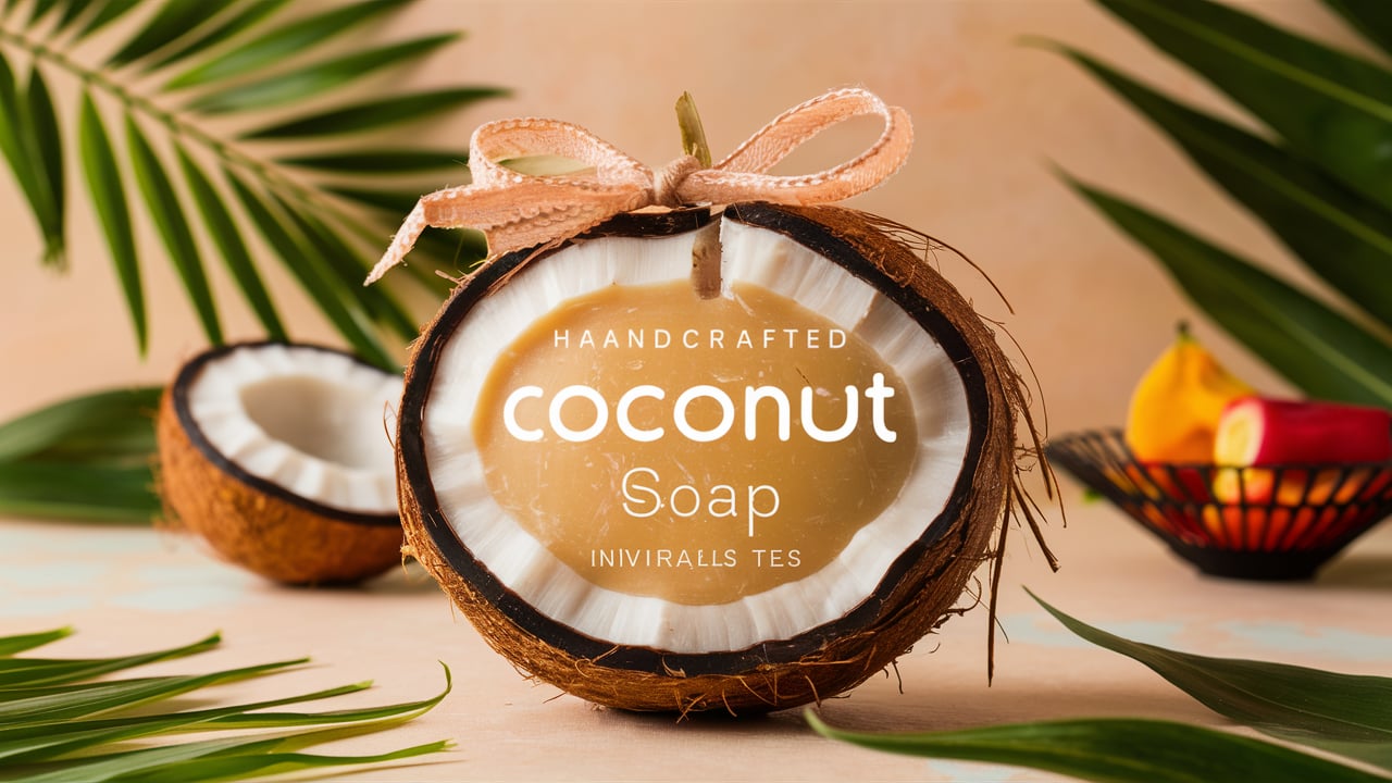 A visually appealing image of a fresh, handcrafted coconut soap. The soap is shaped like a large coconut, with a natural, rustic appearance and a slight golden hue. The soap is adorned with a delicate, hand-tied ribbon. The background features tropical leaves and a small, exotic fruit basket. The overall ambiance is warm and inviting, with a sense of luxury and relaxation.