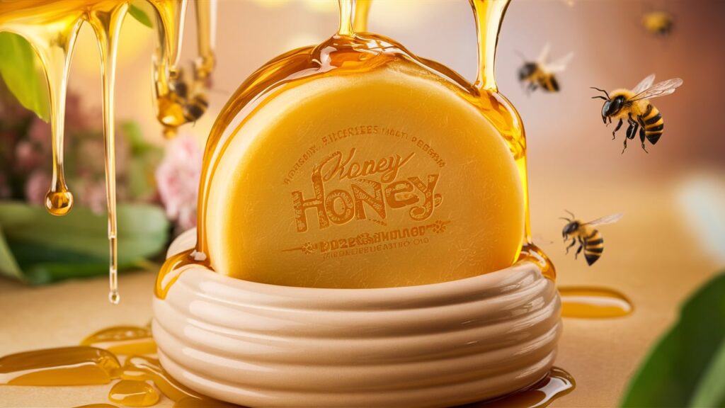 A visually appealing image of a golden honey-infused soap, surrounded by dripping honey droplets. The soap has a natural, earthy look and is nestled in a beehive-inspired holder. The background is a blend of soft, warm colors, with a few bees flying around. The overall ambiance is serene and inviting.