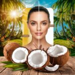 A visually appealing image of a tropical paradise, showcasing the benefits of coconut milk for skin lightening. In the foreground, a woman's glowing skin is juxtaposed with a side-by-side comparison of her complexion before and after using coconut milk. A coconut halved opens to reveal its white, nourishing milk, while freshly picked coconuts surround it. The background features a lush, sunlit tropical landscape with palm trees and vibrant flowers, emanating the essence of a paradise.