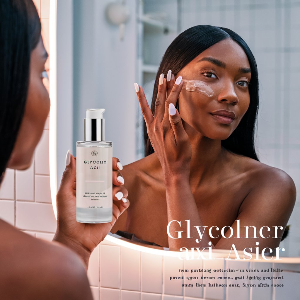 A visually appealing image of a woman in her bathroom, applying a clear liquid from a bottle labelled 'Glycolic Acid' onto her hand. The bottle has a sleek and modern design. The woman has a serene expression as she gazes into the mirror, showcasing her glowing skin. The background features a minimalist and calming bathroom setting with white tiles and soft lighting. The theme of the image highlights the effectiveness of glycolic acid in promoting skin lightening and rejuvenation.