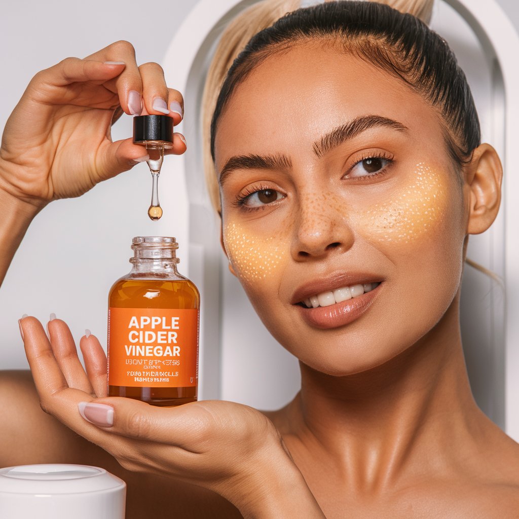 A visually appealing image of apple cider vinegar being used as a natural skin lightening remedy. The main focus is a woman's hand holding a small bottle of apple cider vinegar, with a few droplets falling onto her face, illuminating her skin. Her complexion appears brighter and more radiant, with a warm and glowing effect. There's a white and clean background, and the overall ambiance is soothing and rejuvenating.