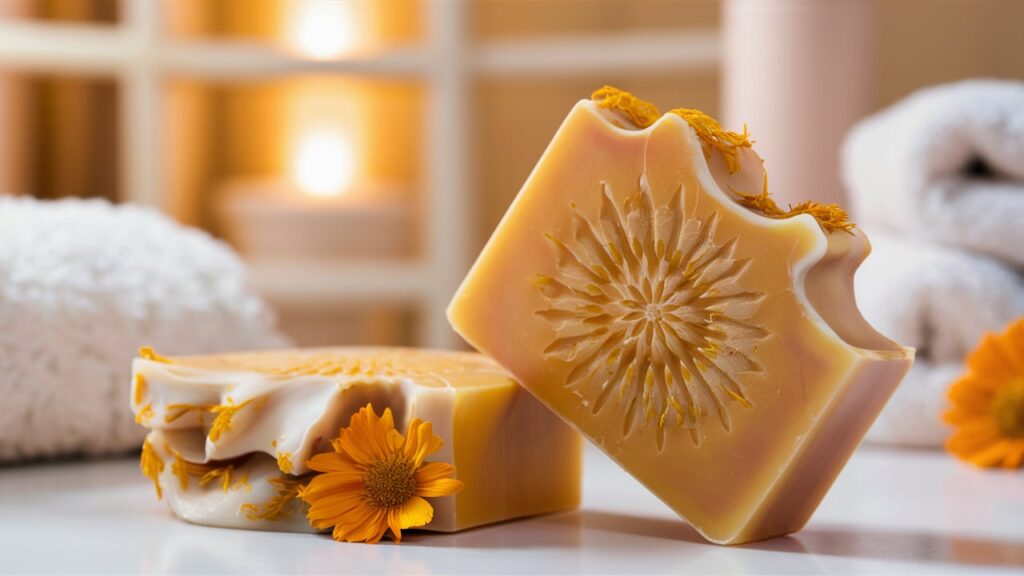 A beautiful handcrafted calendula soap, with a stunning golden hue and a delicate floral fragrance. The soap has an intricate design, featuring a pattern of tiny calendula petals embedded in it. The background showcases a warm, cozy bathroom setting with soft lighting and a fluffy white towel hanging nearby. The overall atmosphere of the image is calming and inviting, perfect for a relaxing bath time experience.