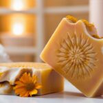 A beautiful handcrafted calendula soap, with a stunning golden hue and a delicate floral fragrance. The soap has an intricate design, featuring a pattern of tiny calendula petals embedded in it. The background showcases a warm, cozy bathroom setting with soft lighting and a fluffy white towel hanging nearby. The overall atmosphere of the image is calming and inviting, perfect for a relaxing bath time experience.