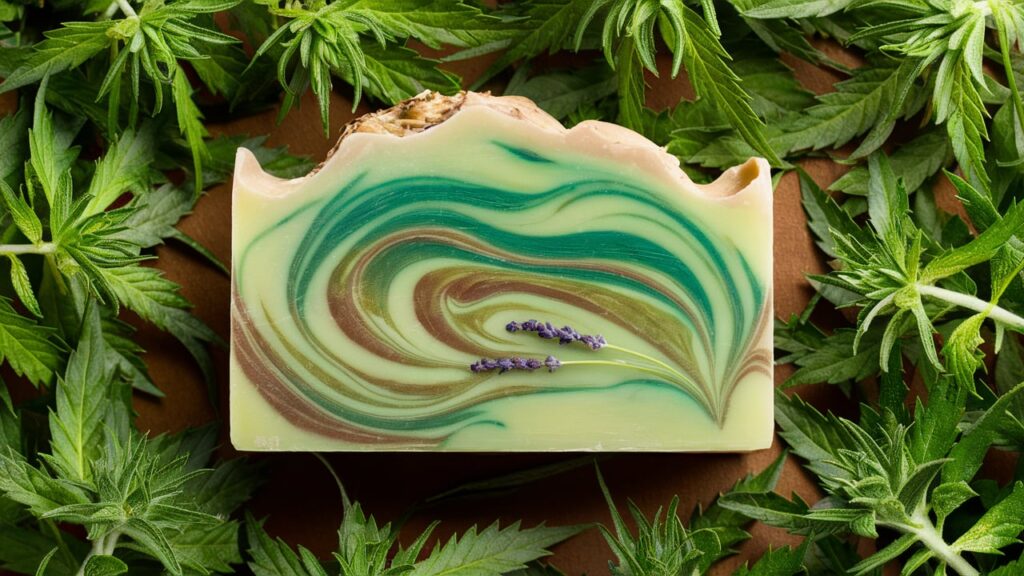 A beautifully crafted bar of hemp seed oil soap with a warm, earthy color palette. The soap is adorned with a swirling design of green and brown hues, representing the hemp seed and its natural origin. The soap has a smooth and inviting texture, and the scent of lavender is gently wafting from it. Surrounding the soap is a background of freshly harvested hemp plants, adding to the organic, eco-friendly vibe.