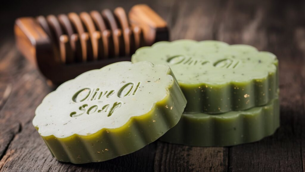 A beautifully crafted olive oil soap, featuring a soft green color with tiny flecks of gold. The soap is shaped into a rustic loaf design, with adistinctly natural and earthy scent. In the background, there is a vintage-style wooden soap dish