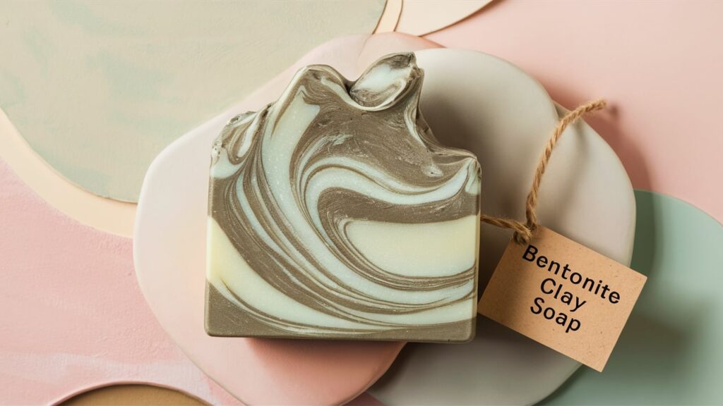 A beautifully crafted soap bar in the shape of bentonite clay, with a natural, earthy color palette. The soap features a unique swirl pattern, reminiscent of the clay's texture. The background has a calming, pastel color scheme, and there's a small tag attached to the soap with the label 'Bentonite Clay Soap'.