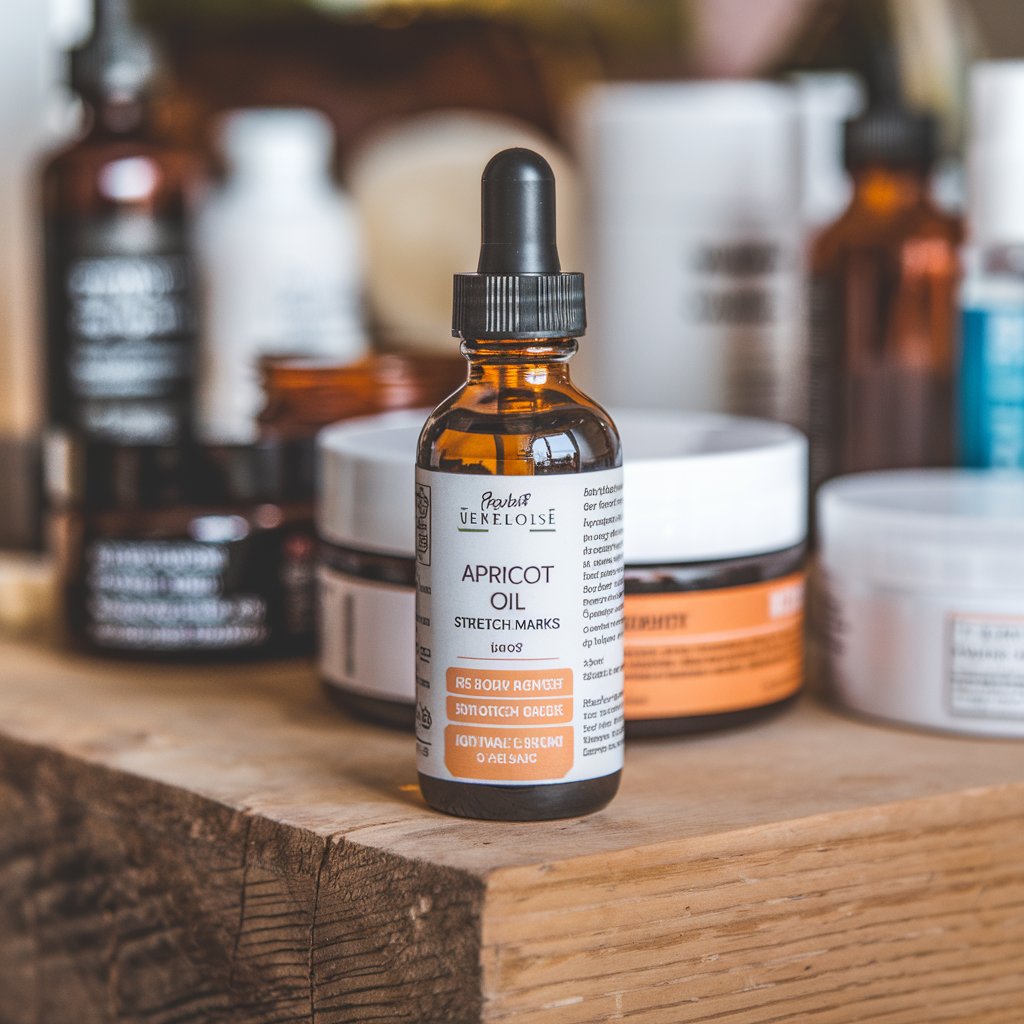 A photo of a bottle of Apricot Kennel Oil for stretch marks. The bottle is placed on a wooden surface. There's a label on the bottlewith the product name and other information. The background is blurred and contains various cosmetic products.