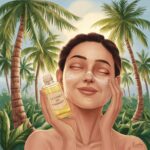 A serene and soothing image of a woman applying coconut oil from a transparent bottle, labeled 'Coconut Oil,' onto her face. Her facial expression is one of relaxation and contentment. The background showcases a lush coconut plantation, with tall palm trees swaying gently in the breeze. Soft sunlight filters through the leaves, casting a warm glow on the scene. The overall atmosphere of the image is calm and rejuvenating, evoking a sense of island paradise.