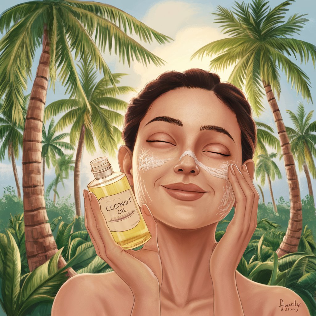 A serene and soothing image of a woman applying coconut oil from a transparent bottle, labeled 'Coconut Oil,' onto her face. Her facial expression is one of relaxation and contentment. The background showcases a lush coconut plantation, with tall palm trees swaying gently in the breeze. Soft sunlight filters through the leaves, casting a warm glow on the scene. The overall atmosphere of the image is calm and rejuvenating, evoking a sense of island paradise.