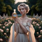 A stunning, elegant woman with flawless skin holds a glass bottle labeled "Evening Primrose Oil." She stands in a serene garden filled with roses in the golden hour, as the light casts a warm, romantic glow. Her flowing gown complements her delicate features, and she exudes a sense of grace and radiance. The overall atmosphere of the image conveys the benefits of Evening Primrose Oil for skin lightening and rejuvenation.