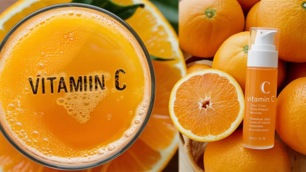 A close-up image of a glass filled with freshly squeezed orange juice, representing vitamin C. The juice's vibrant orange hue and bubbles create a sense of vitality. Nearby, there's a selection of healthy, juicy oranges and a skin care product, symbolizing the application of vitamin C for stretch mark prevention and nourishment. The overall atmosphere of the image is fresh, healthy, and rejuvenating.