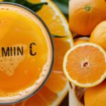 A close-up image of a glass filled with freshly squeezed orange juice, representing vitamin C. The juice's vibrant orange hue and bubbles create a sense of vitality. Nearby, there's a selection of healthy, juicy oranges and a skin care product, symbolizing the application of vitamin C for stretch mark prevention and nourishment. The overall atmosphere of the image is fresh, healthy, and rejuvenating.