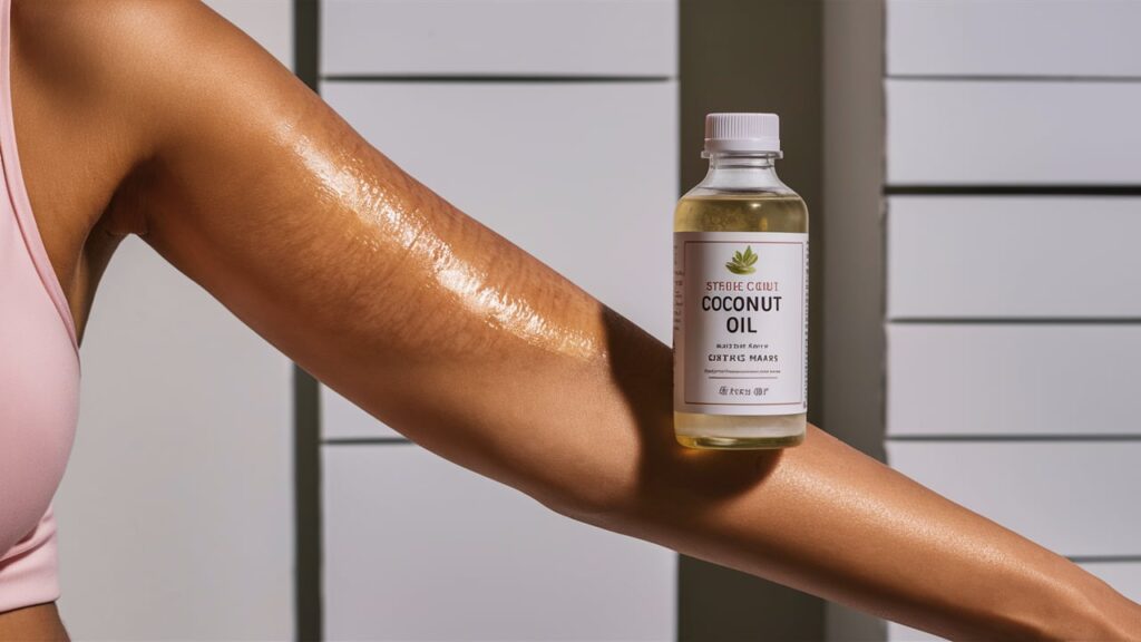 A woman's arm showcasing the benefits of coconut oil for stretch marks. Her skin glows with a healthy, radiant sheen, and the stretch marks appear reduced and smoothed out. Bottle of coconut oil displayed. Background consists of a simple, clean white backdrop.