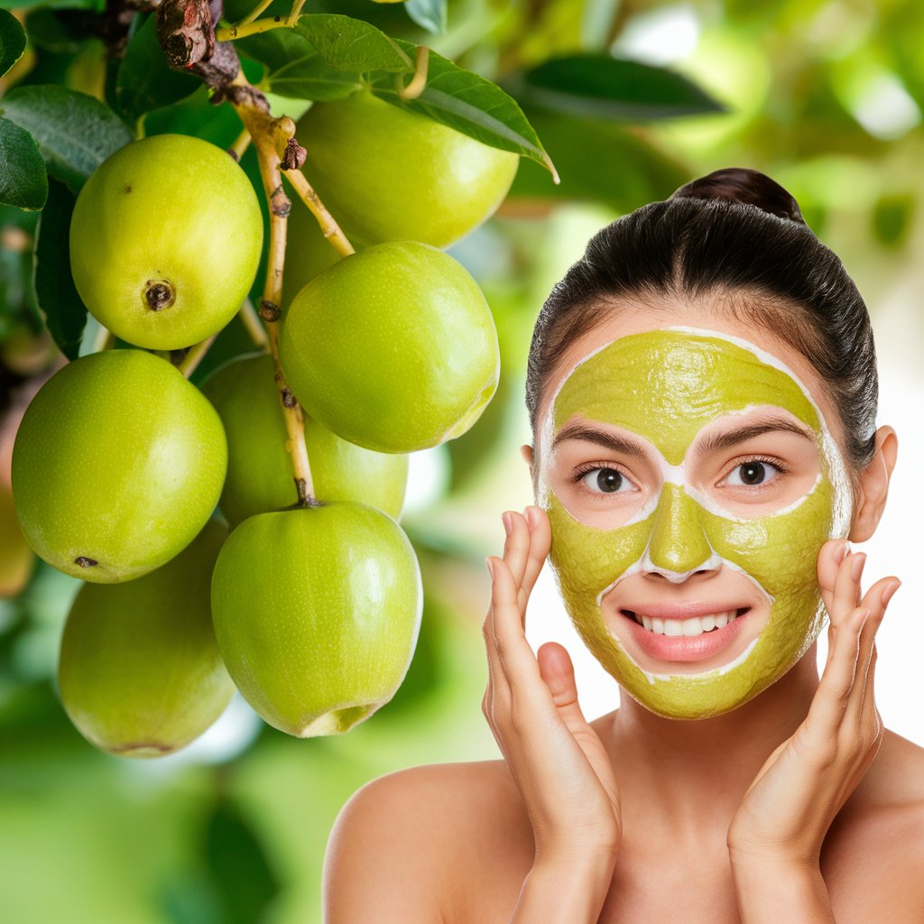 A vibrant and natural image depicting Amla fruits hanging from a tree, their shiny and juicy appearance indicating their freshness. A young woman is shown in the background, applying a face mask made from Amla, highlighting its use for skin lightening. The mask is made from crushed Amla fruits mixed with honey, with the woman's radiant skin reflecting its benefits. The overall scene exudes a feeling of natural beauty and effectiveness.