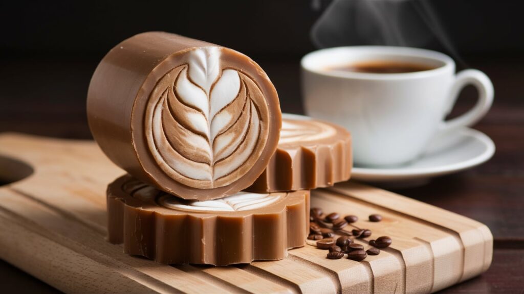 A delightful image of a hand-carved coffee soap, reminiscent of a latte with frothy milk. The soap is carefully arranged on a wooden cutting board, with a steaming cup of coffee in the background. The overall ambiance of the image is cozy and inviting, as if one could sink into a warm, caffeinated bubble bath.