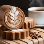 A delightful image of a hand-carved coffee soap, reminiscent of a latte with frothy milk. The soap is carefully arranged on a wooden cutting board, with a steaming cup of coffee in the background. The overall ambiance of the image is cozy and inviting, as if one could sink into a warm, caffeinated bubble bath.