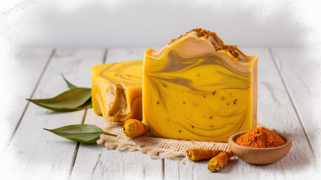 A stunning image of a handcrafted turmeric soap, sitting on a rustic wooden surface. The soap is a vibrant yellow, with swirls of golden hues and speckles of turmeric spice throughout. The soap has a delicate fragrance, and it's surrounded by a few dried turmeric leaves and a small bowl of whole turmeric spice. The background is simple, with a blurry, dreamy effect, accentuating the beauty of the soap