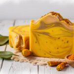 A stunning image of a handcrafted turmeric soap, sitting on a rustic wooden surface. The soap is a vibrant yellow, with swirls of golden hues and speckles of turmeric spice throughout. The soap has a delicate fragrance, and it's surrounded by a few dried turmeric leaves and a small bowl of whole turmeric spice. The background is simple, with a blurry, dreamy effect, accentuating the beauty of the soap