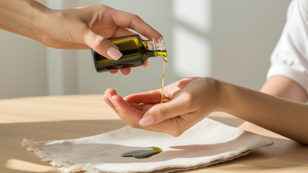 A close-up image of pure, organic avocado oil being gently poured onto a woman's hand. The hand is holding a small glass bottle of theoil, which is rich green in color. The background is minimalistic, with a light wood table and a few drops of oil on a white cloth, symbolizing the oil's effectiveness in reducing stretch marks. A soft, natural light illuminates the scene.