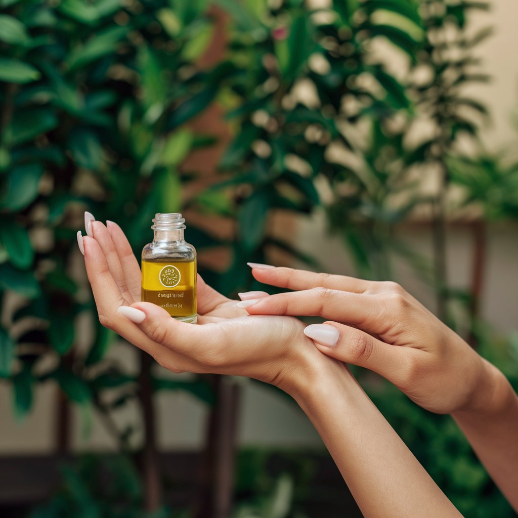 A serene, close-up image of a woman's hand holding a small bottle of neem oil, with a few drops of the oil on her fingertips. Her skin is visibly brighter and more even in tone, showcasing the skin lightening properties of the neem oil. The background features a lush, green garden filled with neem trees, symbolizing the natural origin of the oil. The overall ambiance of the image is tranquil and rejuvenating.